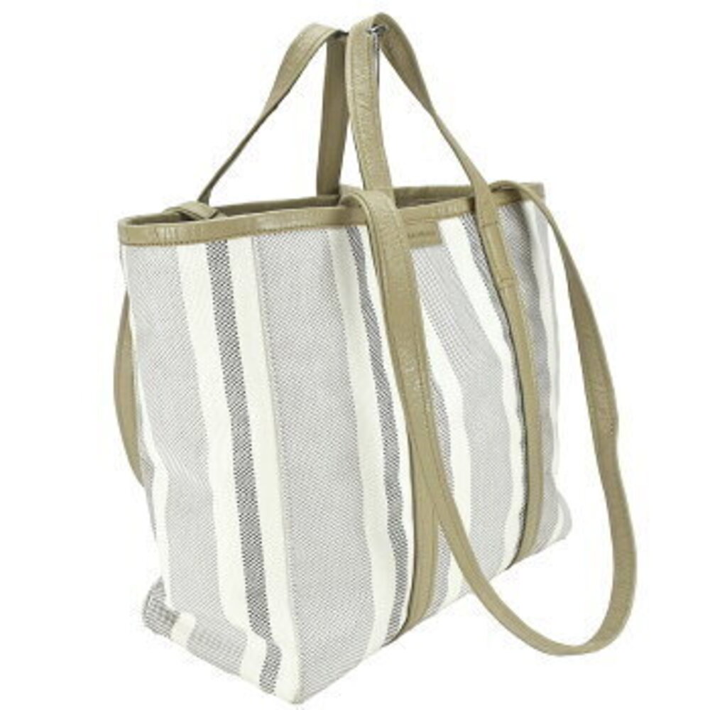 Balenciaga BARBES Tote Bag Leather Canvas Beige Tan Striped Shoulder - Picture 3 of 6
